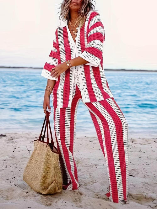 Eleanora - Striped Hollow Out Top And Pants Set
