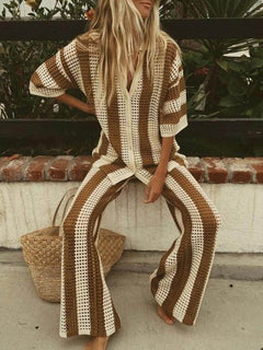 Eleanora - Striped Hollow Out Top And Pants Set