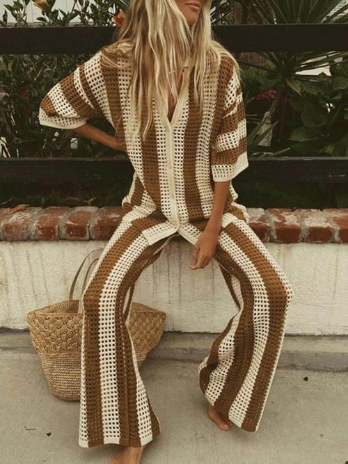 Eleanora - Striped Hollow Out Top And Pants Set