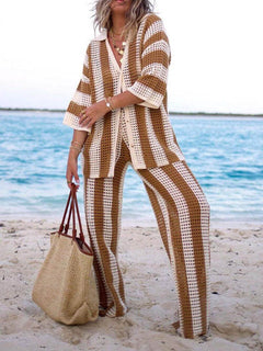 Eleanora - Striped Hollow Out Top And Pants Set