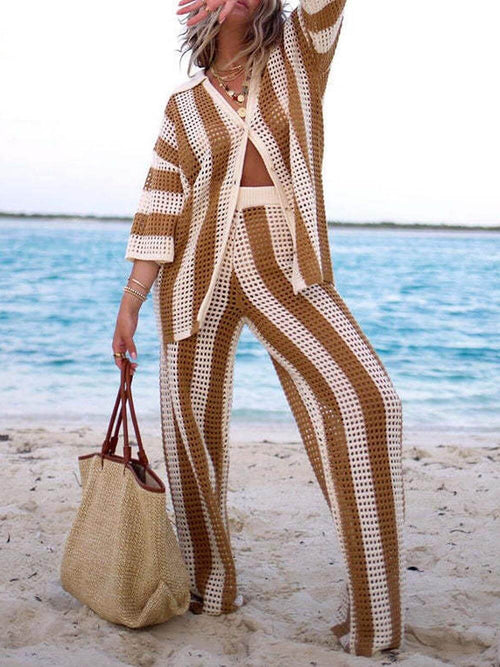 Eleanora - Striped Hollow Out Top And Pants Set