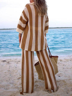 Eleanora - Striped Hollow Out Top And Pants Set