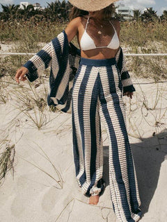 Eleanora - Striped Hollow Out Top And Pants Set
