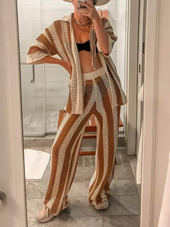 Eleanora - Striped Hollow Out Top And Pants Set