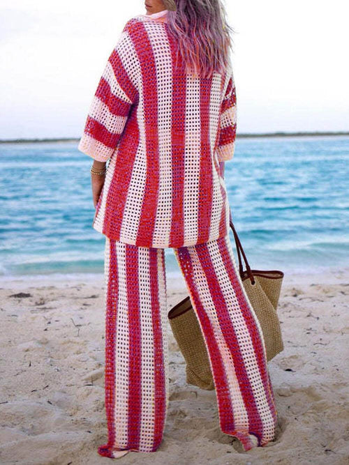 Eleanora - Striped Hollow Out Top And Pants Set