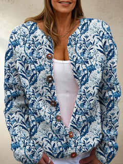Elegant Blue And White Floral Pattern Print Buttoned Cardigan Sweater