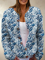 Elegant Blue And White Floral Pattern Print Buttoned Cardigan Sweater