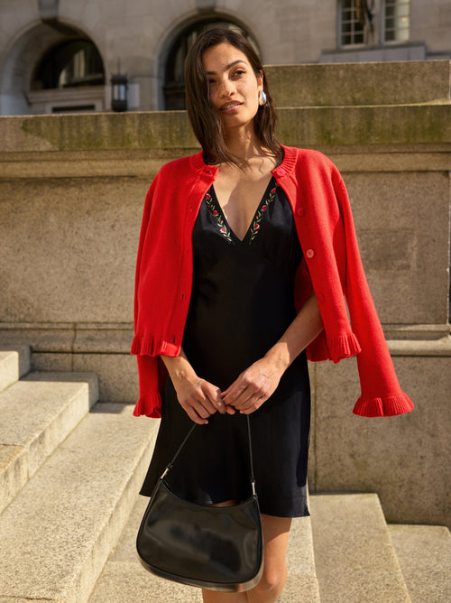 Florence Embroidered Black Satin Mini Dress