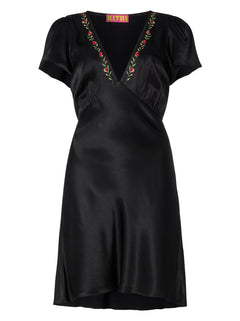 Florence Embroidered Black Satin Mini Dress