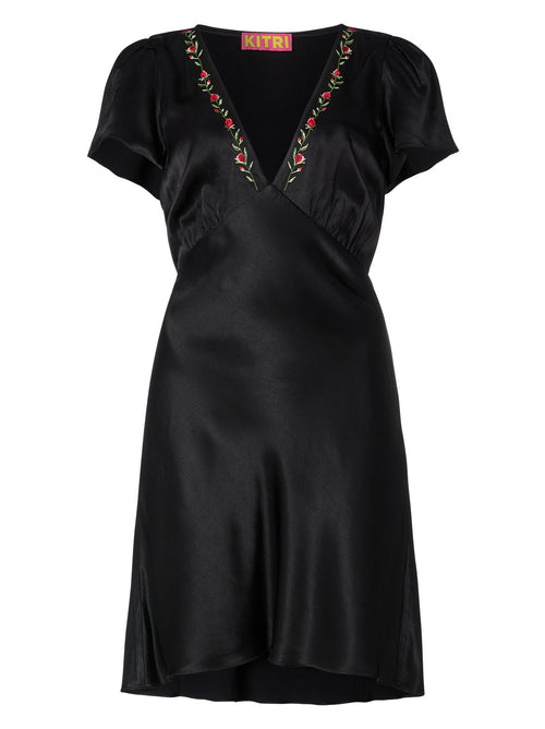Florence Embroidered Black Satin Mini Dress