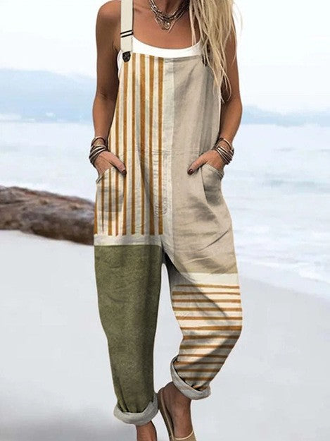 Grace - Casual Striped Print Square Neck Sleeveless Jumpsuit