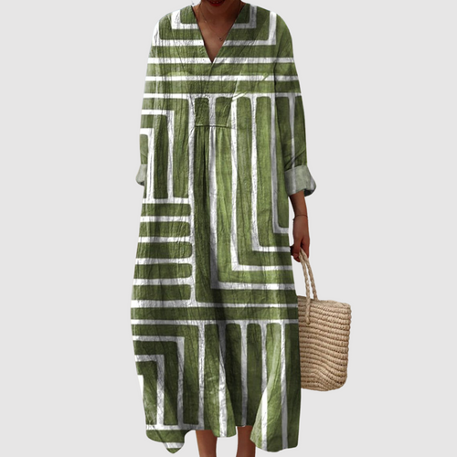 Maren - Olive Maze Long Sleeve Midi Dress