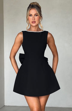 Charlotte - Elegant Pearl Bow Mini Dress
