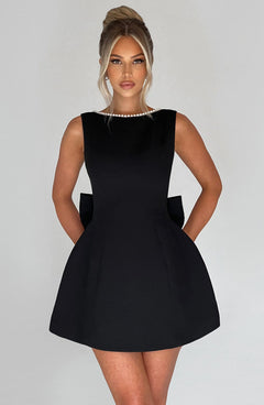 Charlotte - Elegant Pearl Bow Mini Dress