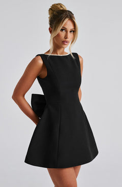 Charlotte - Elegant Pearl Bow Mini Dress