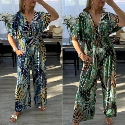 Nataly™ - Tropical Leaf Print Jumpsuit